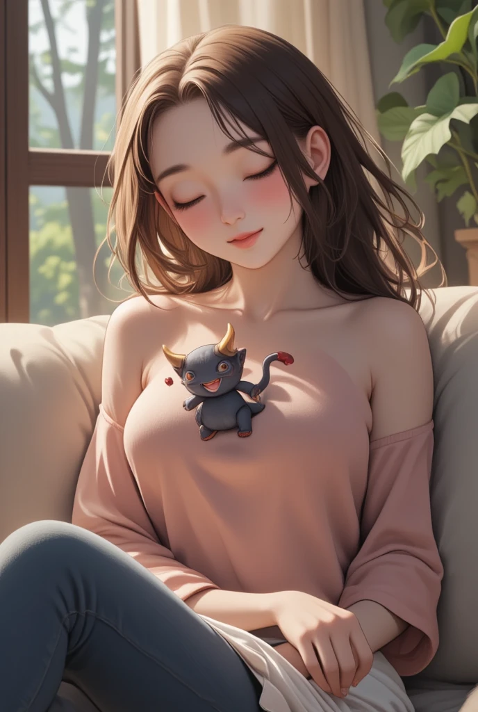 A woman dozing off on the sofa, a cute little demon sitting on her chest and waving with a smile, cute dream-like illustration art, ultra detailed, absolutely resolution, masterpiece