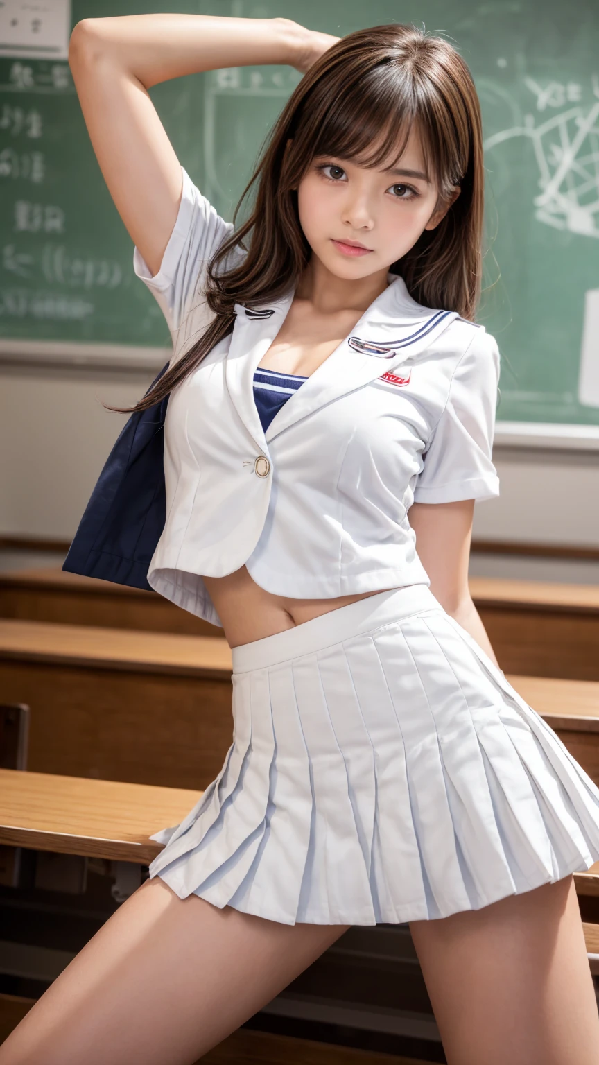 masterpiece、High quality photos、8k、Woman in summer uniform、classroom、Micro Mini Skirt、panties、smile、Standing position、Small breasts