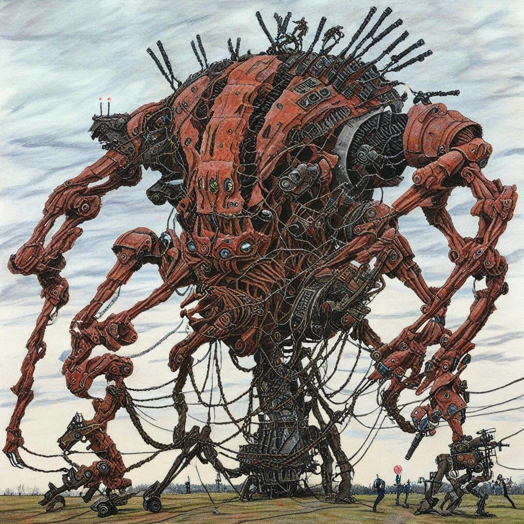 oil painting of a phyrexian colossus,Biped walker machine,gun turrets,side view,phyrexian,cables,twisted, colored pencil art, on paper