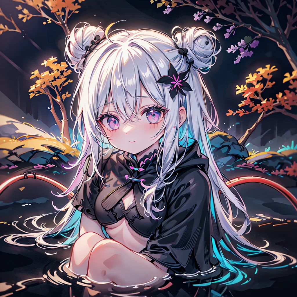 Alone,1 Female\(grim Reaper,cute,Cute,Age 10, hair color is white ,  hair with braids, Messy Hair ,Eye color is dark, big eyes, white skin, big smile,enjoy, full body ,grim Reaperの黒いローブを着て,( black hood ), has a scythe,skip, flower hair ornament with bun head ,White Hair,(Body transparent:0.8)\),background\((Black Sky:1.5),Skull on the ground , dead flowers scattered on the ground ,red water\), break ,quality\(8k,極めて詳細なCGユニットのwallpaper, ​masterpiece, high res,top-quality,top-quality real texture skin, surrealistic, increase resolution , RAW photo,最高のquality, very detailed,wallpaper\)、Neon Outline、 neon color、