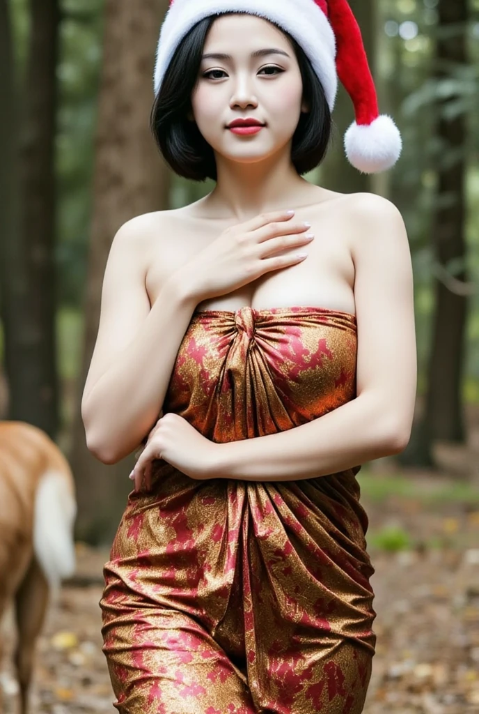 (masterpiece, best quality:1.2), 1girl, solo, a bit chubby, batik sarong, ((large breasts:2)), Photo of Pretty Indonesian woman, short hair, wearing red santa clause hat, walking at the pine forest, a deer as the background details. Look at the viewer, 