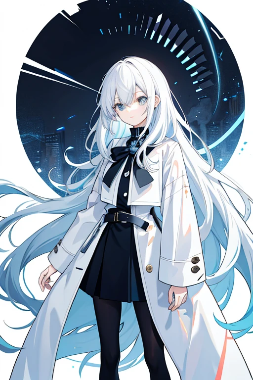 Game Art　 anime style　woman　 cool 　cute　 beautiful　 shows the whole body　 project from head to toe
Ultra detailed 　 top quality 　masterpiece　 cool　Height: 170cm　
 attire
I'm wearing a black and light blue long coat over a white shirt with black slacks and long sleeves　The long coat has a collar 　 her collar is standing up 　 high neck　 asymmetry　button　　belt　 simple design

hairstyles
Hair gathered in smooth waves 　The hair color is white 　 white as the inner color of the hair

I don't have anything in my hands

facial expression and posture
Calm and careful eyes 　Relax your shoulders 、 gently looking forward 
