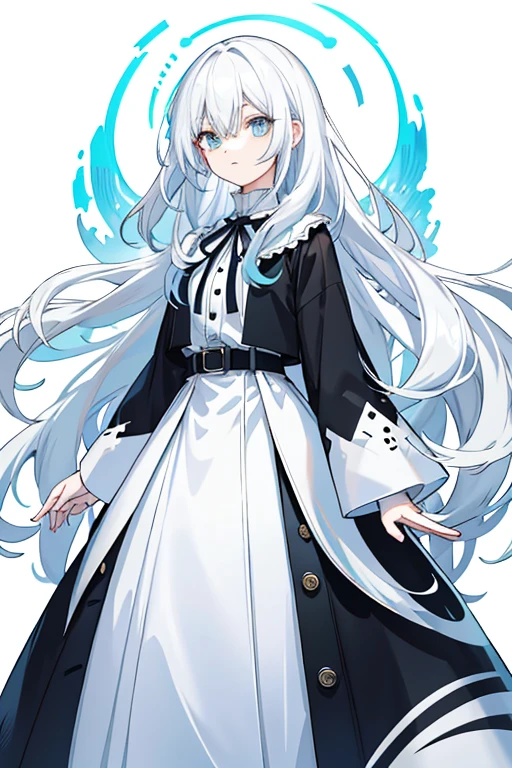 Game Art　 anime style　woman　 cool 　cute　 beautiful　 shows the whole body　 project from head to toe
Ultra detailed 　 top quality 　masterpiece　 cool　Height: 170cm　
 attire
I'm wearing a black and light blue long coat over a white shirt with black slacks and long sleeves　The long coat has a collar 　 her collar is standing up 　 high neck　 asymmetry　button　　belt　 simple design

hairstyles
Hair gathered in smooth waves 　The hair color is white 　 white as the inner color of the hair

I don't have anything in my hands

facial expression and posture
Calm and careful eyes 　Relax your shoulders 、 gently looking forward 
