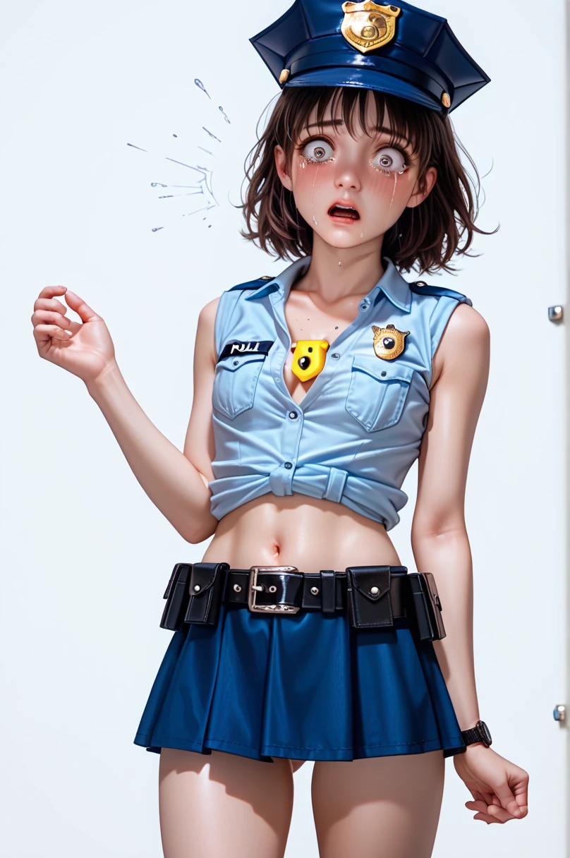  One girl ,Achika Lisa,( viewers:1.0),( slender body:1.2),(Blushed face:1.3),real skin ,small breasts,  shiny hair ,  Super Detailed Black Eyes,( Equipped Police Belt :1.5),( watch ),( frontal shot:1.2),24K,(Standing in a sexy pose:1.2),(Surprised:1.2),( I have tears in my eyes:1.2),(Cry:1.5),(mini length police skirt:1.2),(rolled up sleeveless police shirt ),Captivating thighs,( unmanned white background in the center of the screen:1.5),(Naturally :1.0),(( real:1.0)),(( realistic :1.0)),((Piece on chest :1.5)),(( cowboy shot:1.5))