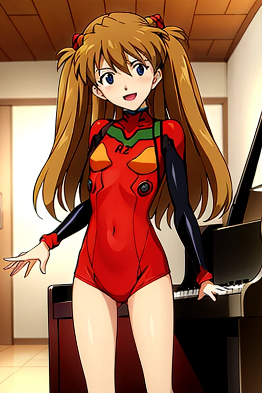 (( top quality )), ((masterpiece)), (be familiar with),  perfect face, indoor, bedroom,  Watching Viewers ,
One woman,  Soryu Asuka Langley,
 open mouth,  ecstatic expression beside the piano, blush, smile,
 small tits,  flat chest, Young girl, Lori,  s,  girl,
 long hair,  twin tails,
Leg spread,