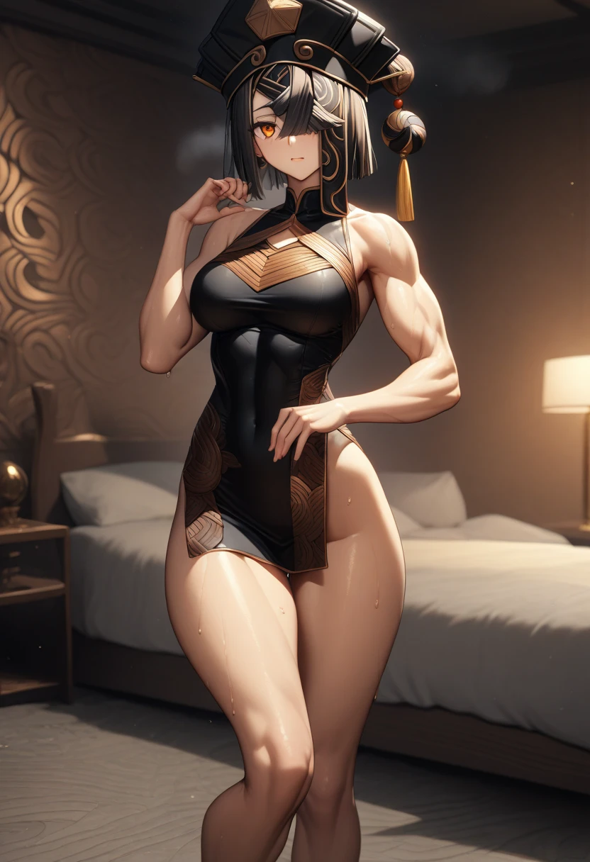 masterpiece,best quality,high resolution,8k,ultra HD,wallpaper,illustration,perfect face,cowboy shot,beautiful detailed eyes,extremely detailed face,perfect lighting,extremely detailed CG,perfect hands,perfect anatomy,perfect body,perfect hands,perfect fingers,1woman,full body,,muscle fighter body,black short hair, hair over one eye,orange eyes,large breasts,Medium ass,,(black China dress),,black hat,clothed,,collarbone,,looking at viewer, (),Steam,sweat,on the bed,(Fate Grand Order character Xu Fu),