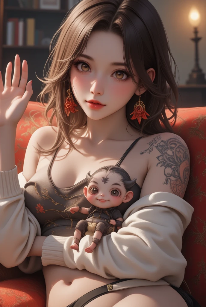 A woman dozing off on the sofa, a cute little demon sitting on her chest and waving with a smile, cute dream-like illustration art, ultra detailed, absolutely resolution, masterpiece