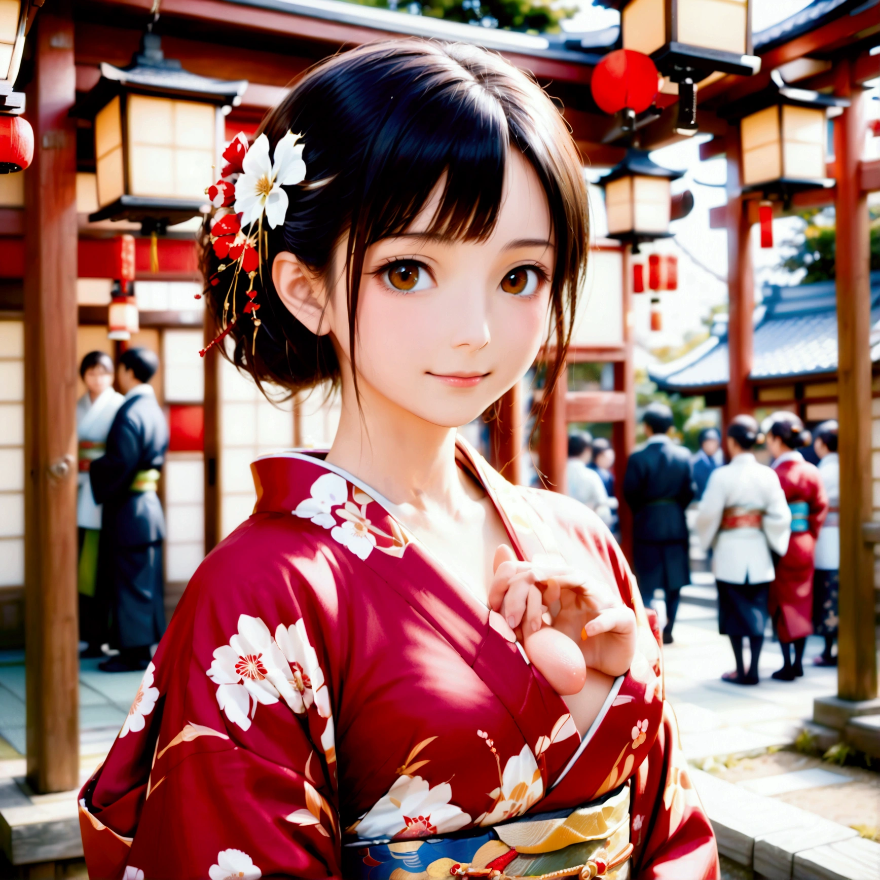 (masterpiece), best quality, expressive eyes, perfect face, youthful babyface young female girl, around (((twelve years old))) in long red kimono, outside, (((crowded temple:1.1))), (((many people around in various warm clothing:1.3))). (((slide down the kimono's shoulder showing almost flat chested small perky breasts with erect nipples))), one (((hand opens the kimono slit, showing bare legs and pussy))), wooden geta sandal. Standing leaning forward seducing, alluring soft smile. high angle front full body view. 