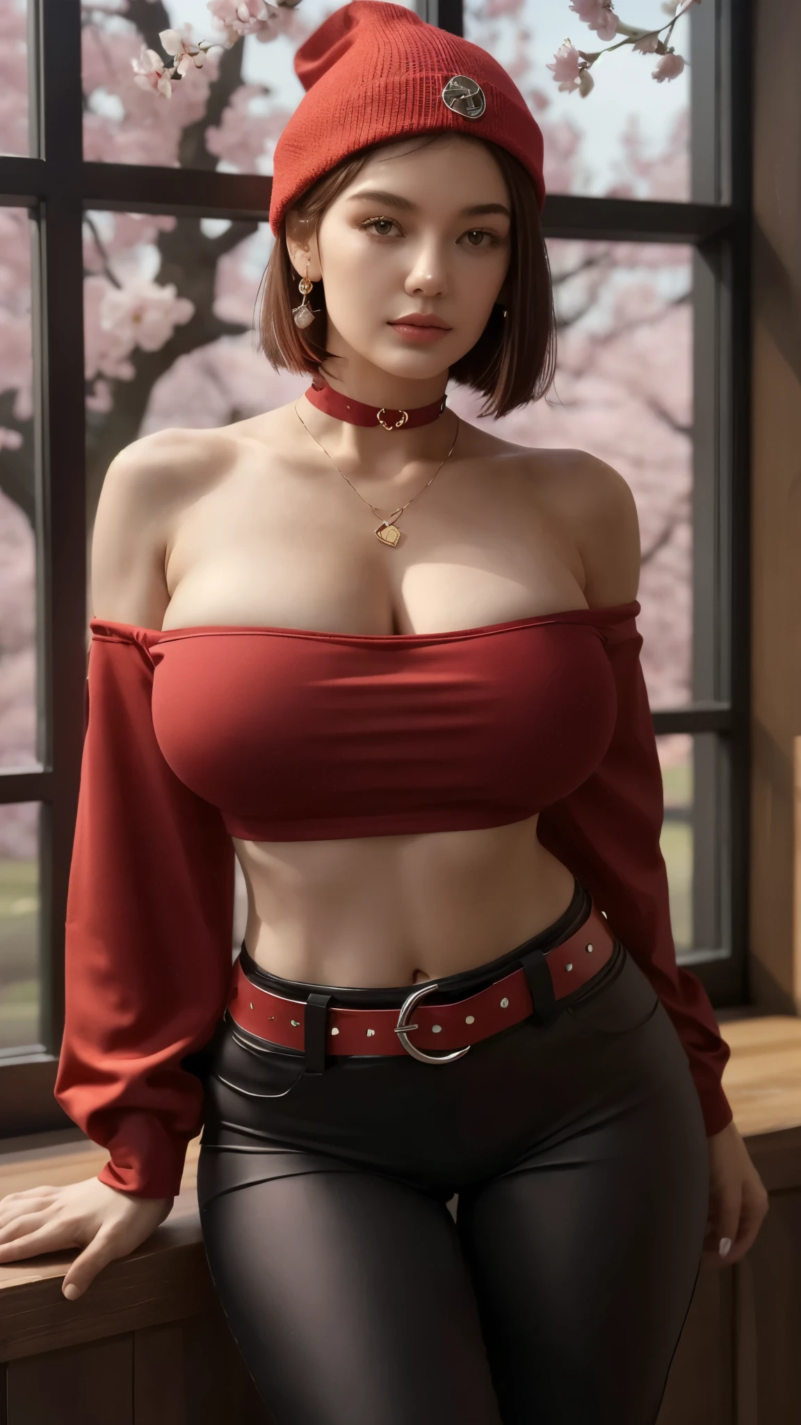 (best_quality, masterpiece:1.2), (highly detailed), (4k, 8k, uhd, high_resolution, highres), girl, long sleeve off-shoulder crop top, shoulder, clavicle, huge breasts, navel, fit pants, oppulent belt, beanie, long hair, looking at viewer, necklace, earring, window-plantations, top quality, masterpiece, beauty, nature, sophisticated, sexy, perfect, red hair, bob cut, stylish, red sexy underwear, red choker, cherry blossoms,
