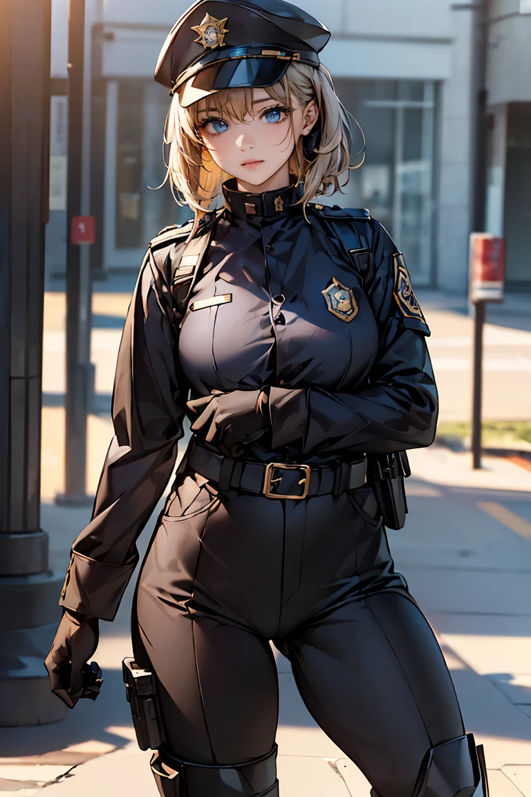 ((masterpiece), ((Highest quality)), (masterpiece,Highest quality,Official Art,Highly detailed CG Unity 8k wallpaper)、"A female police officer from the near future wears a highly functional uniform.。Wearing a dark blue or black tight-fitting jacket、Reflective lines and metallic accents、Built-in protective padding on shoulders and elbows。Badge and ID holder on left chest。Underneath, he wears a moisture-wicking grey or blue shirt.、Contrasting stripes on collar and cuffs。The pants are tight-fitting straight pants made from the same high-performance material as the jacket.、Built-in protective pads on knees and thighs。Wearing a sturdy black belt、Multiple pouches and holsters are attached.、Stores power tools and communication equipment。On her feet, she wears mid-cut black boots that provide good ankle support.。The cap also matches the uniform.、Reflective lines and metallic badges。As an accessory、Impact resistant gloves、Bulletproof glass goggles with night vision function、It also comes with a headset with an integrated earpiece and microphone.。"