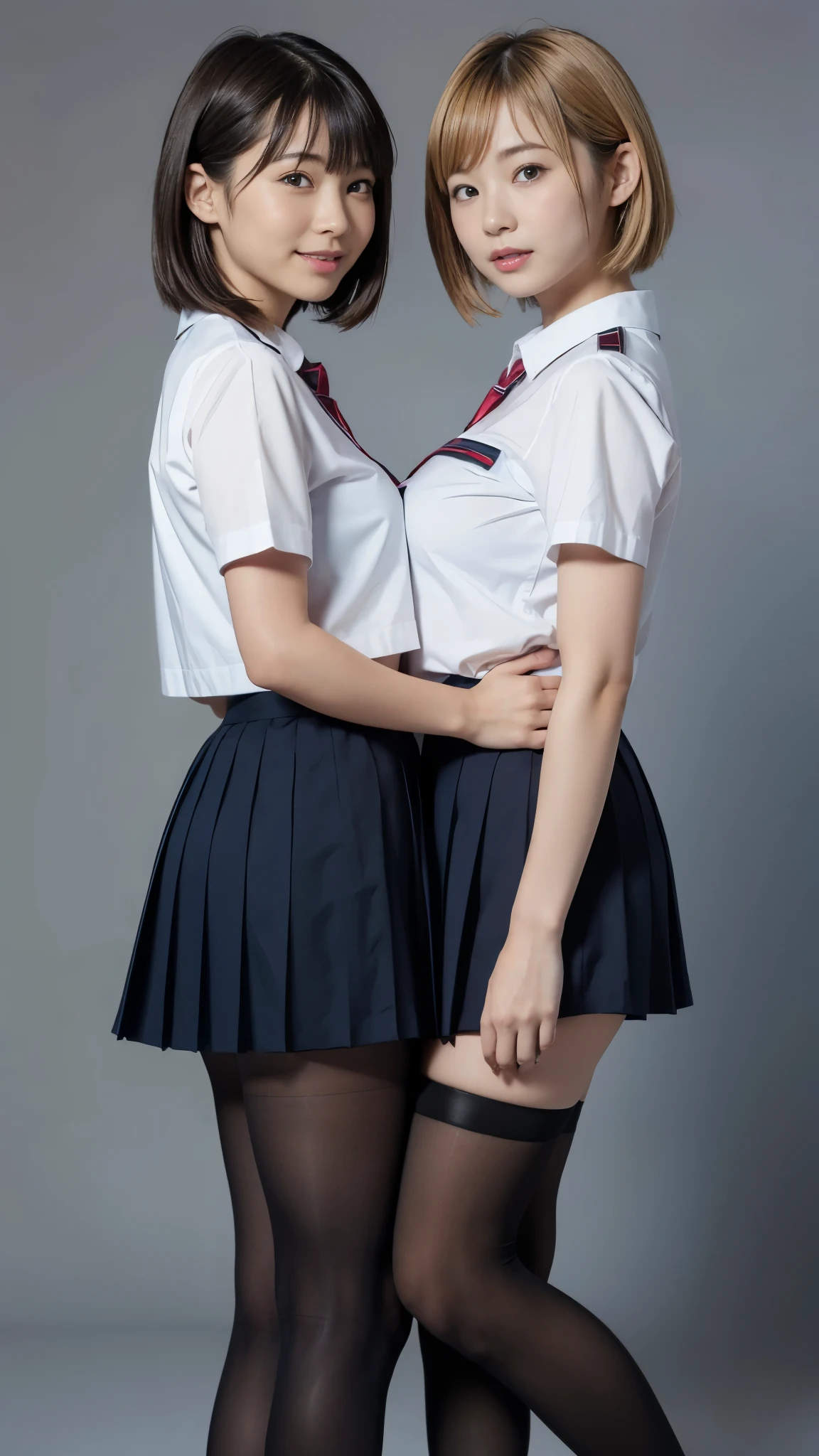  top quality ,masterpiece, super high res, high-definition RAW color photo staring at your feet, professional photos , natural skin texture, fine skin, hyperrealism , smiles, cute smile,blonde short cut hair,((gigantic breasts), high school girl uniform with the upper half tied ,Black pantyhose,asymmetrical docking),from side, 2 high school girls snuggle up,2 women close their skin ,( upper body lift with an emphasis on facial expression,minimal background )