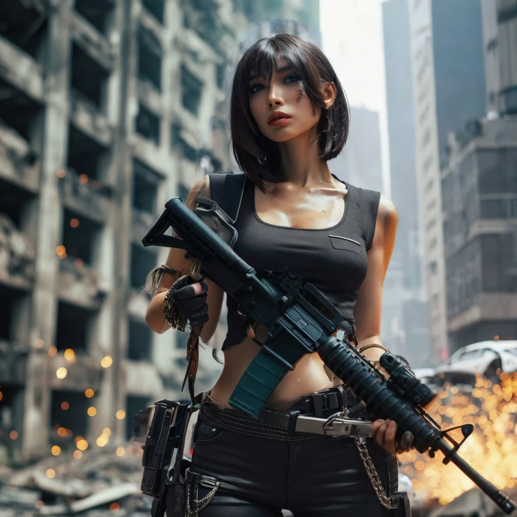 Black Short Hair, White tank top, Black bulletproof vest, Black jeans, Black military belt, black military gloves, destroyed cars in the background.