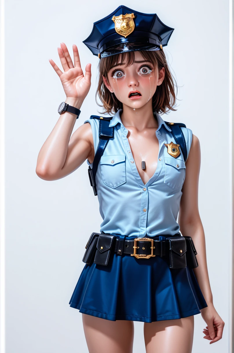  One girl ,Achika Lisa,( viewers:1.0),( slender body:1.2),(Blushed face:1.3),real skin ,small breasts,  shiny hair ,  Super Detailed Black Eyes,( Equipped Police Belt :1.5),( watch ),( frontal shot:1.2),24K,(Standing in a sexy pose:1.2),(Surprised:1.1),( I have tears in my eyes:1.2),(mini length police skirt:1.2),(rolled up sleeveless police shirt ),Captivating thighs,( unmanned white background in the center of the screen:1.5),(Naturally :1.0),(( real:1.0)),(( realistic :1.0)),((Piece on chest :1.5)),(( cowboy shot:1.5))