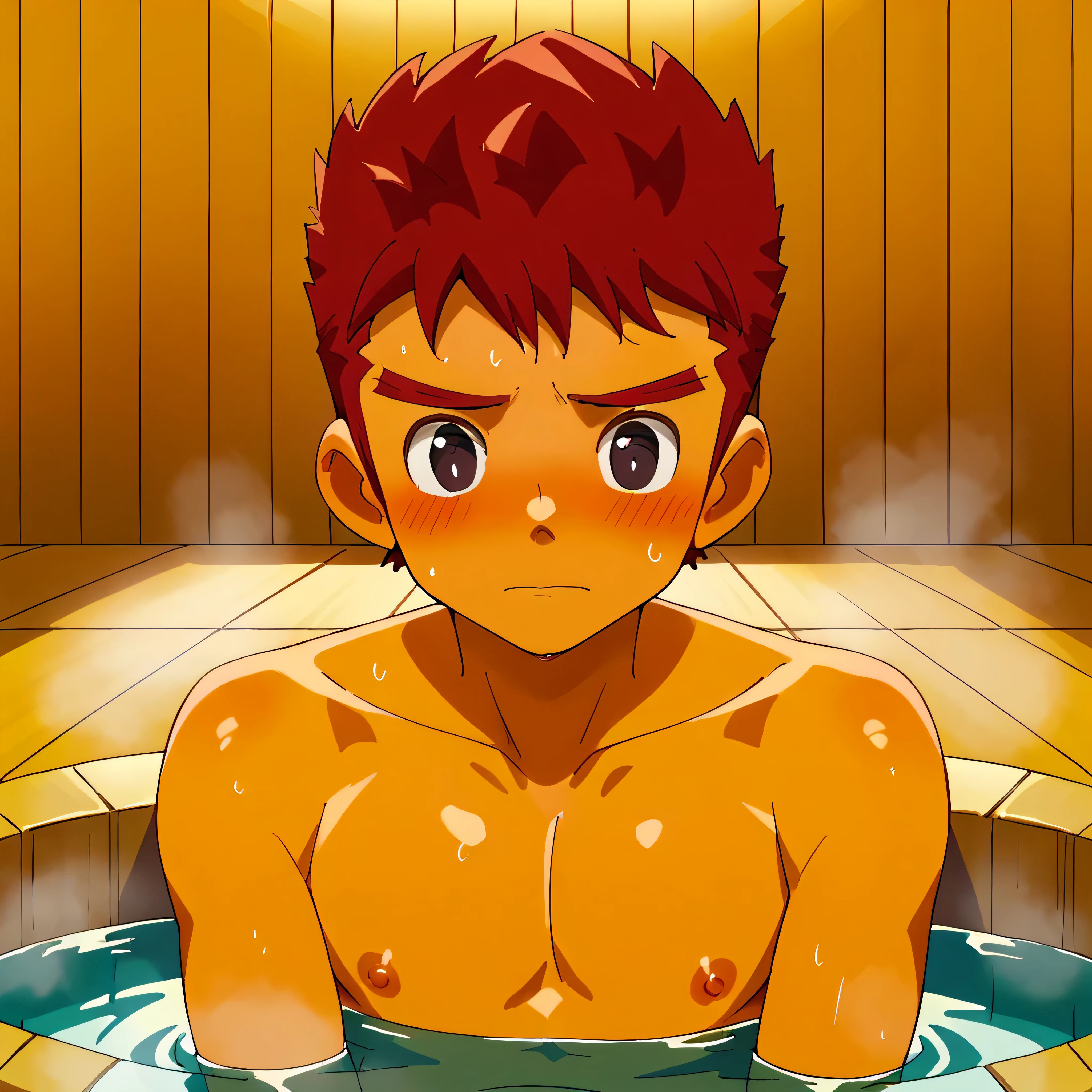 score_9, score_8_ up,  Source_Anime,  very detailed,  one boy , solo
,  one boy ,   male focus , Alone, Men wear bathing wear、 Red Hair, shy 、
Completely naked,  dark eyes,、hot spring、NSFW、panic, eyes、blush、Embarrassed、 shorter、 short、Make your head bigger 