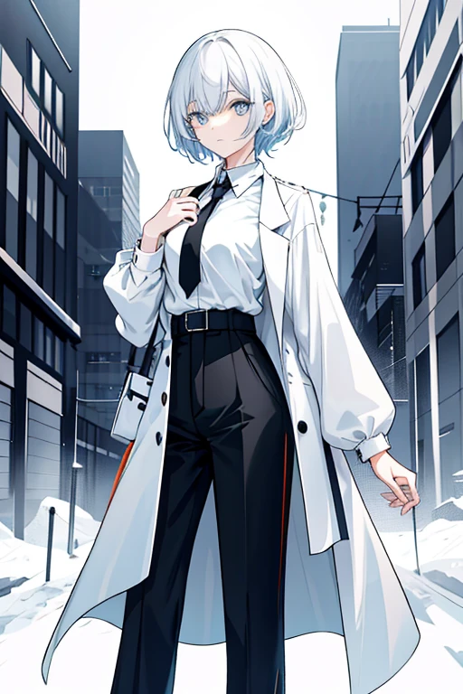 　Game Art　 anime style　woman　 cool 　cute　 beautiful　 shows the whole body　 project from head to toe
Ultra detailed 　 top quality 　masterpiece　 cool　Height: 170cm　white and black and light blue eyes 　
 attire
I'm wearing a black long coat over a white shirt with black slacks and long sleeves　The long coat has a collar 　 her collar is standing up 　 high neck　 asymmetry　button　　belt　 simple design 　ロングコートのbuttonは閉める　 black tie　

 hairstyle
The hair is short 　Hair color is white and black 　 the inner color of the hair is white 　 M-shaped bang　

 I don't have anything in my hands

facial expression and posture
Calm and careful eyes 　Relax your shoulders 、 gently looking forward 　
