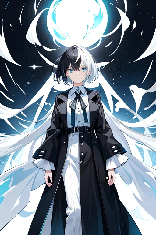 　Game Art　 anime style　woman　 cool 　cute　 beautiful　 shows the whole body　 project from head to toe
Ultra detailed 　 top quality 　masterpiece　 cool　Height: 170cm　white and black and light blue eyes 　
 attire
I'm wearing a black long coat over a white shirt with black slacks and long sleeves　The long coat has a collar 　 her collar is standing up 　 high neck　 asymmetry　button　　belt　 simple design 　ロングコートのbuttonは閉める　 black tie　

 hairstyle
The hair is short 　Hair color is white and black 　 the inner color of the hair is white 　 M-shaped bang　

 I don't have anything in my hands

facial expression and posture
Calm and careful eyes 　Relax your shoulders 、 gently looking forward 　
