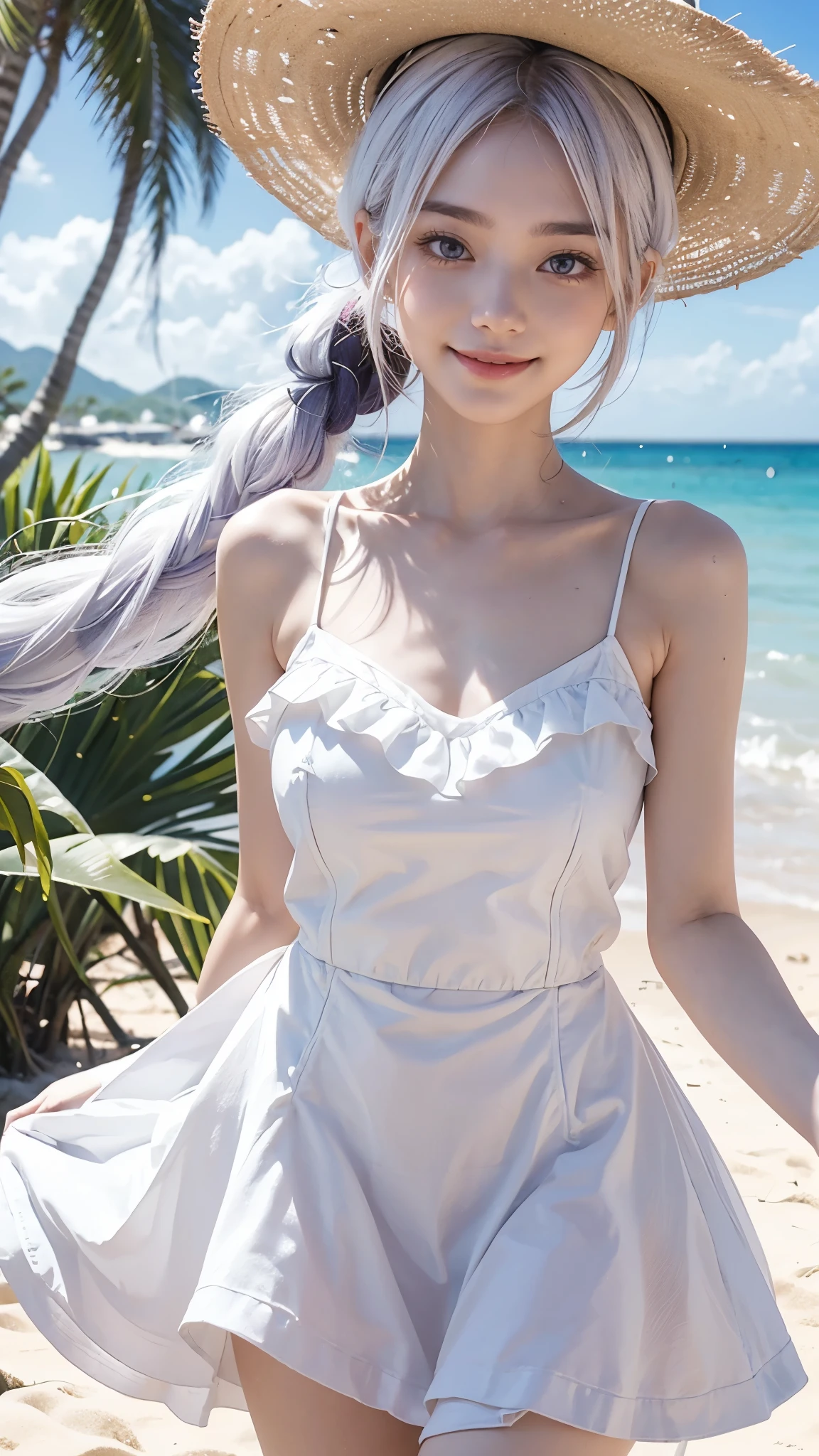 masterpiece, 最high quality, 18 year old girl,Pink Hair ,short hair,alone, ,Facing forward,Looking forward,smile,Smile,high quality,White Mini Dress,Beach