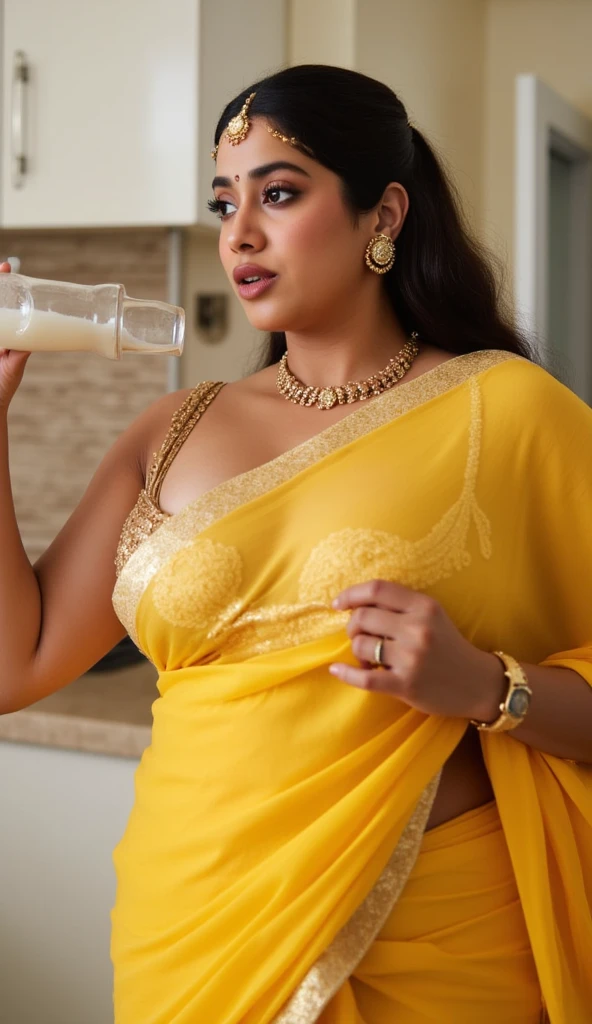 Pouring milk with a glass on all over body with her one hand, Mouth open,A sexy thick Indian lady with a very huge round shining boobs hanging and long cleavage line visible in a sexy folded light yellow saree & chrome plated  glossy colour single tripe bra. Also revealing her underarms and Navel. 