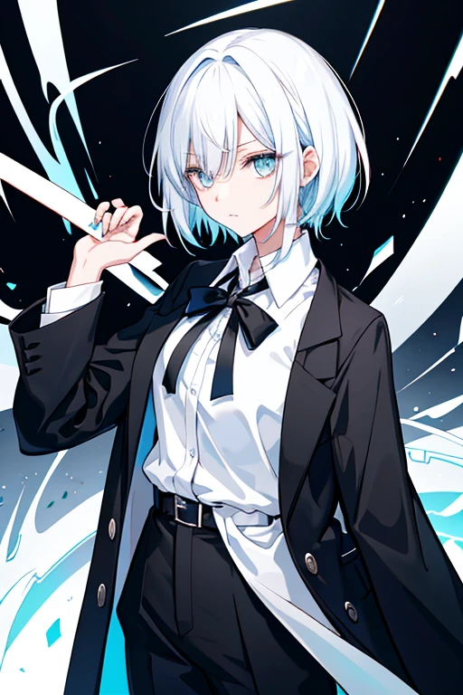 Game Art　 anime style　woman　 cool 　cute　 beautiful　 shows the whole body　 super detailed 　 top quality 　masterpiece　 cool　Height: 170cm　white and black and light blue eyes 　  clothing wearing black slacks and long sleeve white shirt over a black long coat　The long coat has a collar 　 her collar is standing up 　 high neck　 asymmetry　button　　belt　 simple design 　ロングコートのbuttonは閉める　 black tie　 Hairstyle hair is short 　Hair color is white and black 　 the inner color of the hair is white 　 M-shaped bang　  expression and posture with nothing in hand, calm and careful eyes 　Relax your shoulders 、 gently looking forward 　