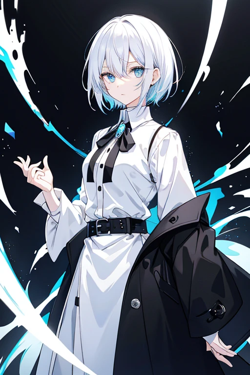 Game Art　 anime style　woman　 cool 　cute　 beautiful　 shows the whole body　 super detailed 　 top quality 　masterpiece　 cool　Height: 170cm　white and black and light blue eyes 　  clothing wearing black slacks and long sleeve white shirt over a black long coat　The long coat has a collar 　 her collar is standing up 　 high neck　 asymmetry　button　　belt　 simple design 　ロングコートのbuttonは閉める　 black tie　 Hairstyle hair is short 　Hair color is white and black 　 the inner color of the hair is white 　 M-shaped bang　  expression and posture with nothing in hand, calm and careful eyes 　Relax your shoulders 、 gently looking forward 　