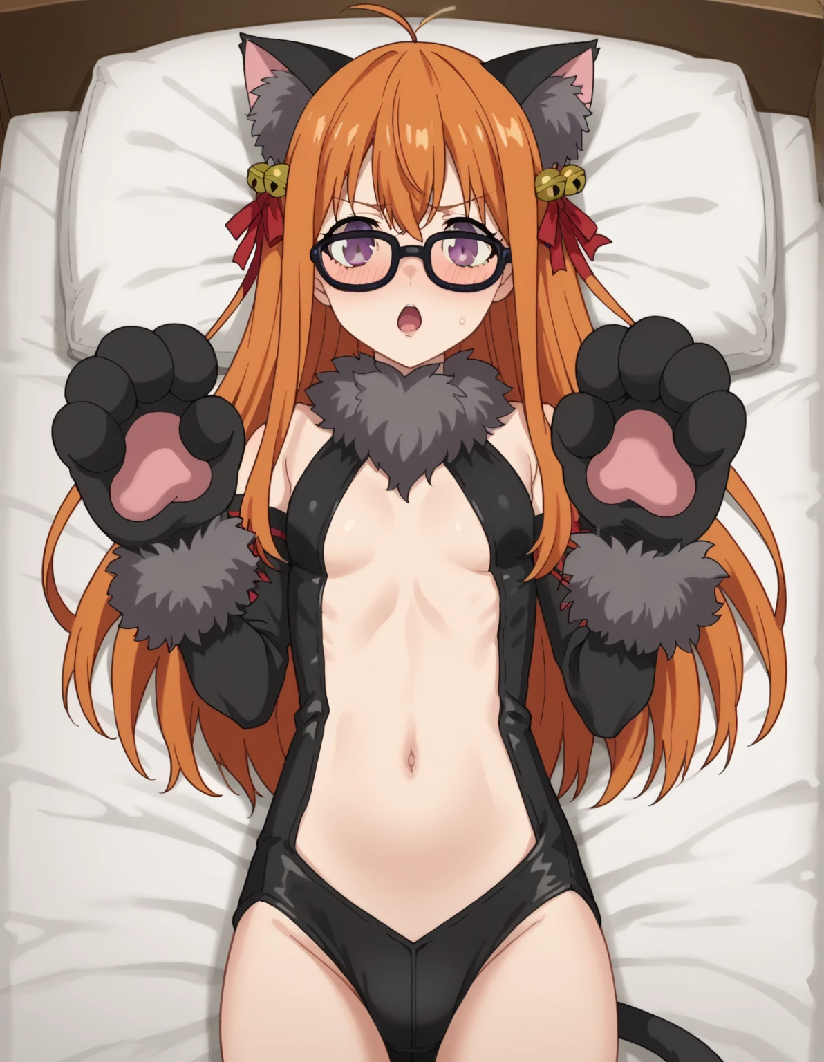 score_9, score_8_up, score_7_up, source_anime, futaba sakura, orange hair, long hair, purple eyes, ahoge, glasses, black-framed eyewear, petite, small breasts, anime screencap,  illyasviel von einzbern beast cosplay, illyasviel von einzbern (beast style) (cosplay), paw gloves, animal hands, center opening, cosplay, black leotard, fur collar, jingle bell, cat tail, cat ears, leotard, navel, midriff, stomach,, bed, on bed, on back, open mouth, blush,, cowboy shot, looking at viewer,, , dutch angle, cowboy shot