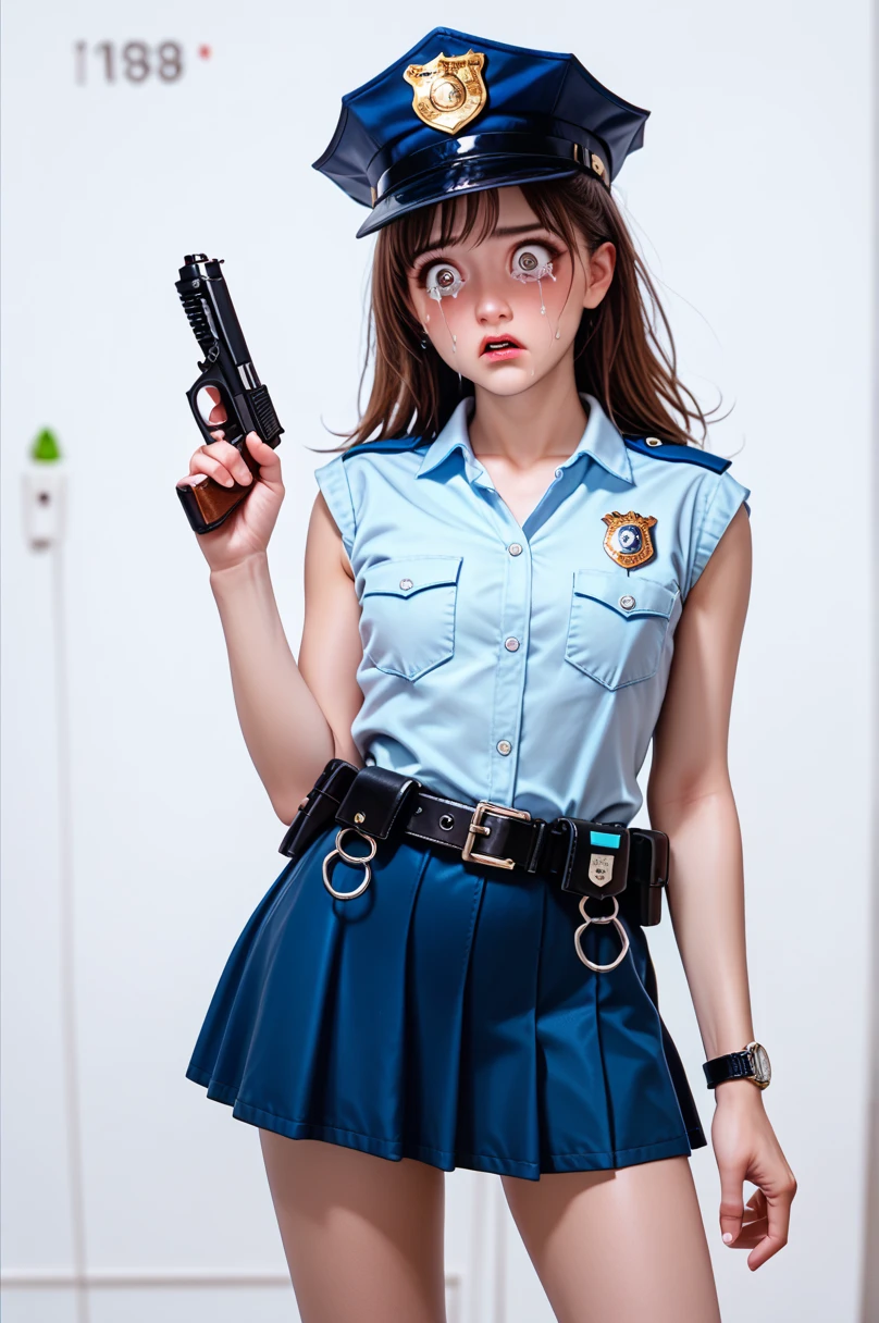  One girl ,Achika Lisa,( viewers:1.0),( slender body:1.2),(Blushed face:1.3),real skin ,small breasts,  shiny hair ,  Super Detailed Black Eyes,( Equipped Police Belt :1.5),( watch ),( frontal shot:1.2),24K,(Standing in a sexy pose:1.2),(Surprised:1.1),( I have tears in my eyes:1.2),(mini length police skirt:1.2),(rolled up sleeveless police shirt ),Captivating thighs,( unmanned white background in the center of the screen:1.5),(Naturally :1.0),(( real:1.0)),(( realistic :1.0)),((Hold a pistol with both hands:1.5)),(( cowboy shot:1.5))