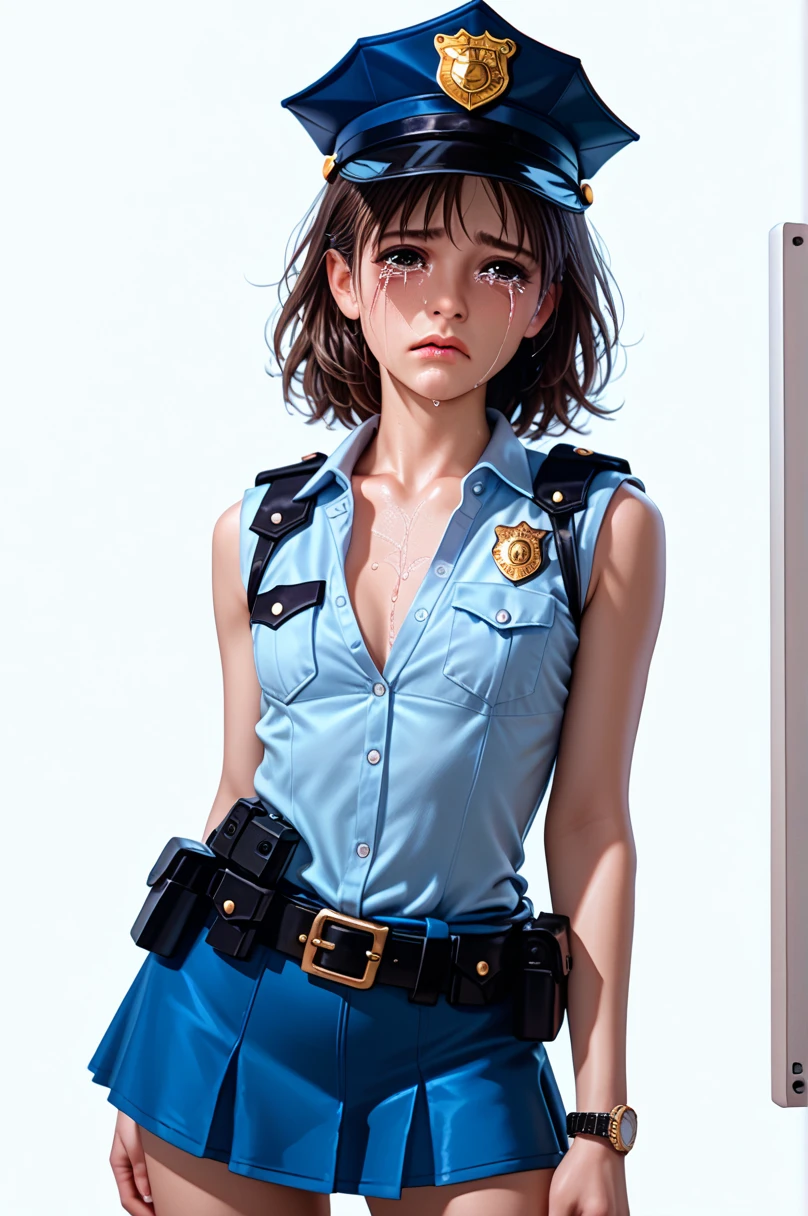  One girl ,Achika Lisa,( viewers:1.0),( slender body:1.2),(Blushed face:1.0),real skin ,small breasts,  shiny hair ,  Super Detailed Black Eyes,( Equipped Police Belt :1.5),( watch ),( frontal shot:1.2),24K,(Standing in a sexy pose:1.2),( Sexy Expression:1.2),( I have tears in my eyes:1.2),( crying :1.5),(mini length police skirt:1.2),(rolled up sleeveless police shirt ),Captivating thighs,( unmanned white background in the center of the screen:1.5),(Naturally :1.0),(( real:1.0)),(( realistic :1.0)),((Piece on chest :1.5)),(( cowboy shot:1.5))