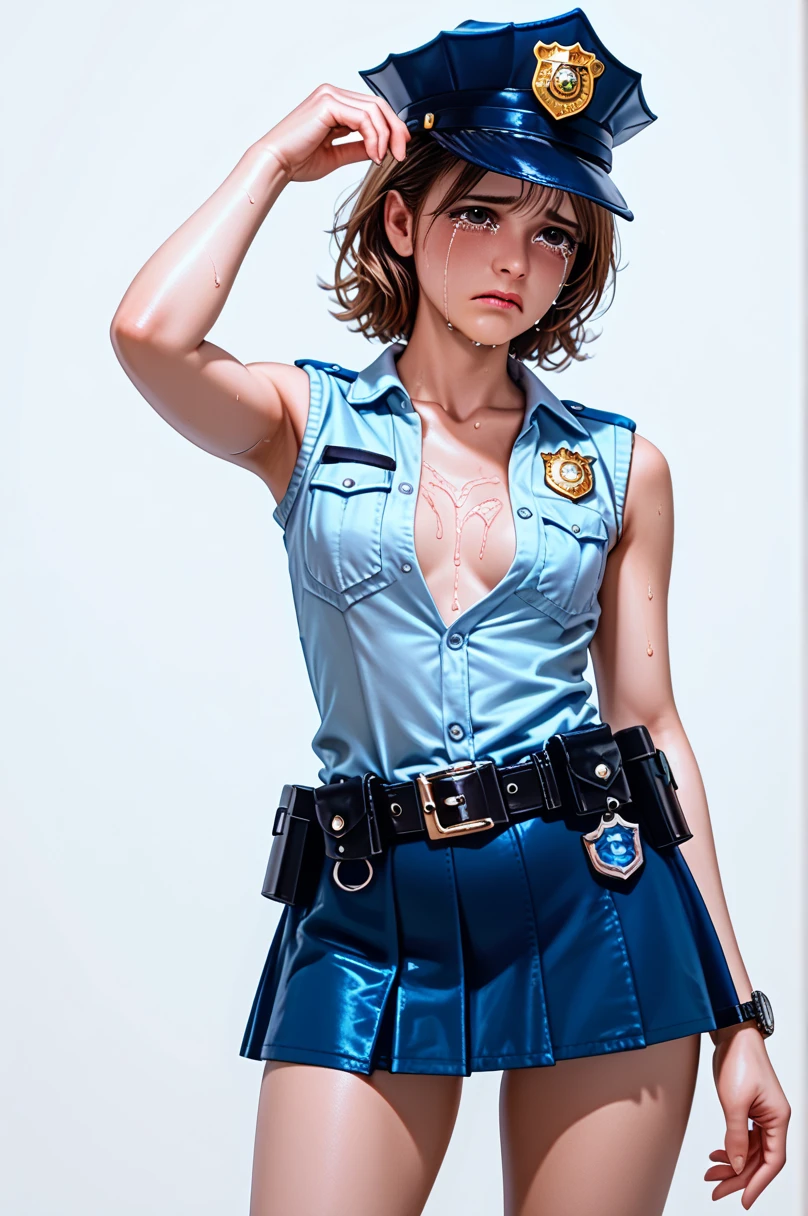  One girl ,Achika Lisa,( viewers:1.0),( slender body:1.2),(Blushed face:1.0),real skin ,small breasts,  shiny hair ,  Super Detailed Black Eyes,( Equipped Police Belt :1.5),( watch ),( frontal shot:1.2),24K,(Standing in a sexy pose:1.2),( Sexy Expression:1.2),( I have tears in my eyes:1.2),( crying :1.5),(mini length police skirt:1.2),(rolled up sleeveless police shirt ),Captivating thighs,( unmanned white background in the center of the screen:1.5),(Naturally :1.0),(( real:1.0)),(( realistic :1.0)),((Piece on chest :1.5)),(( cowboy shot:1.5))