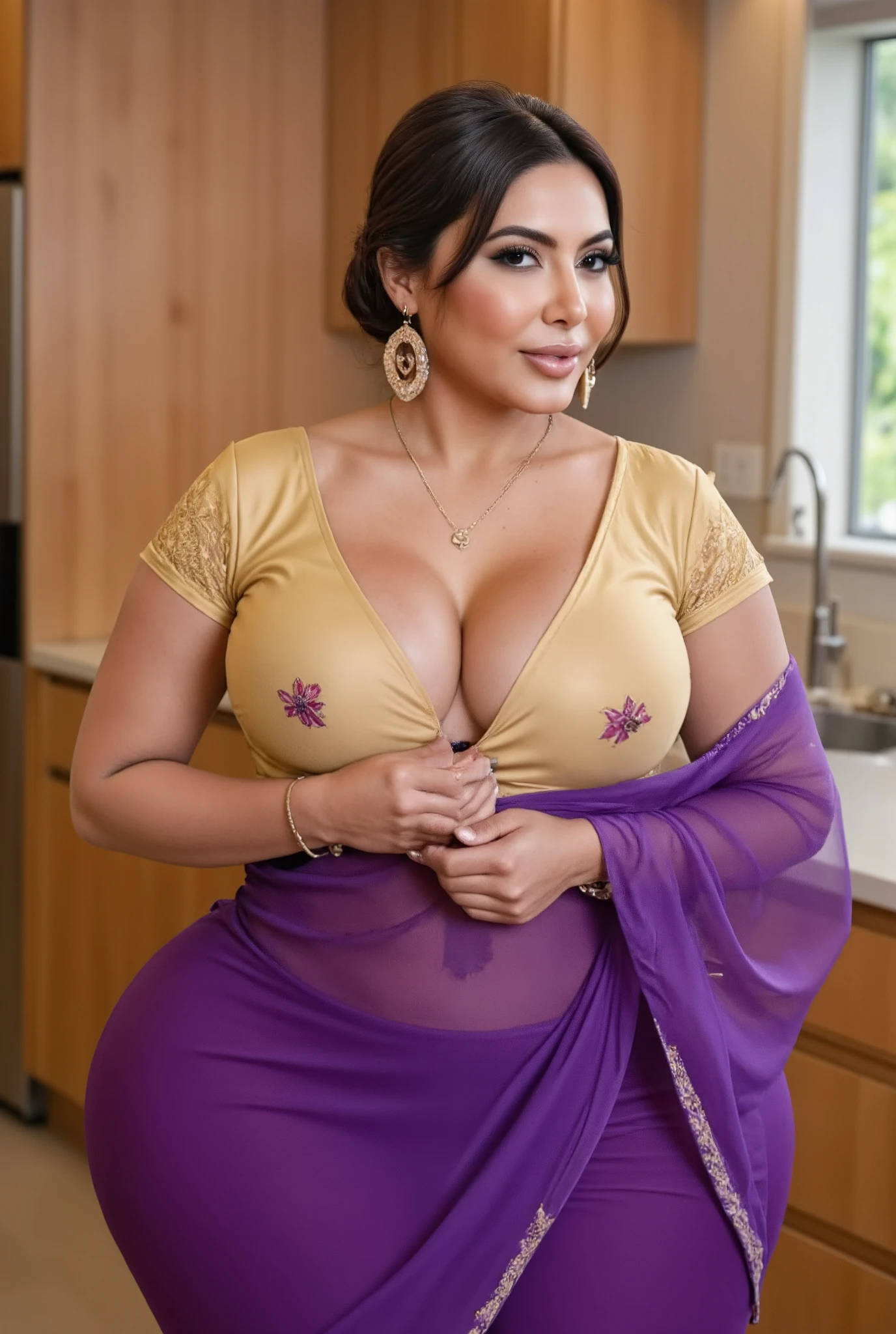 Hd realistic photo of Voluptuous Mature Indian desi Aunty with dusky skin, wearing very deep low neck gold shining silk blouse and reflective glossy shining grape transparent Saree, showing her large  Cleavage and navel,nipples projection over blouse,Red Sindoor on her forehead, Hair messed up, nice curves, standing in a beautiful kitchen,red lips,big breast, huge breast, big ass, huge ass, big thighs, bulging ass, full body image,side view of women

Her hair is neatly pulled back into a bun. She accessorizes with simple gold jewelry, including a gold chain with a love symbol locket and matching earrings.