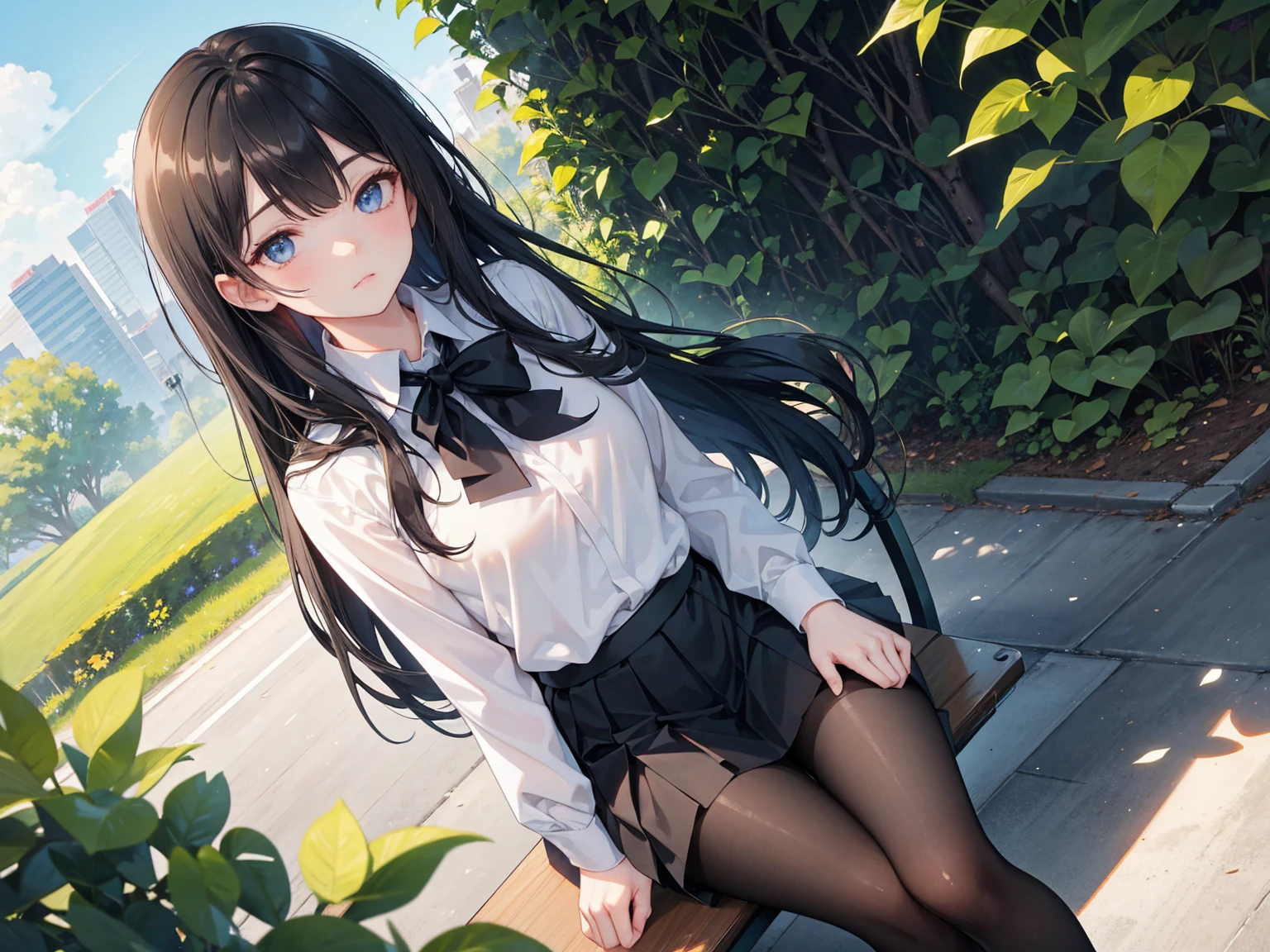 masterpiece, best quality,bp-homura, 1girl, long hair, solo, akemi homura, pantyhose, black hair, ribbon, closed eyes, hair ribbon, magical girl,(kbxll:0.6)