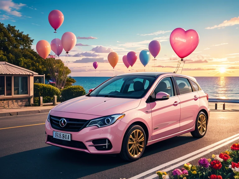 A romantic fantasy-style painting featuring a cute pink car on a seaside road during sunset. The car is decorated with numerous colorful heart-shaped balloons tied to it. The roadside is adorned with vibrant flowers of various types and colors, creating a lively and cheerful scene. The sky is painted in soft pink and blue hues with golden sunlight reflecting on the ocean, evoking warmth and happiness.