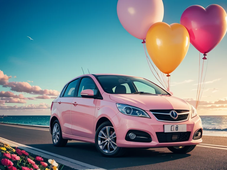 A romantic fantasy-style painting featuring a cute pink car on a seaside road during sunset. The car is decorated with numerous colorful heart-shaped balloons tied to it. The roadside is adorned with vibrant flowers of various types and colors, creating a lively and cheerful scene. The sky is painted in soft pink and blue hues with golden sunlight reflecting on the ocean, evoking warmth and happiness.