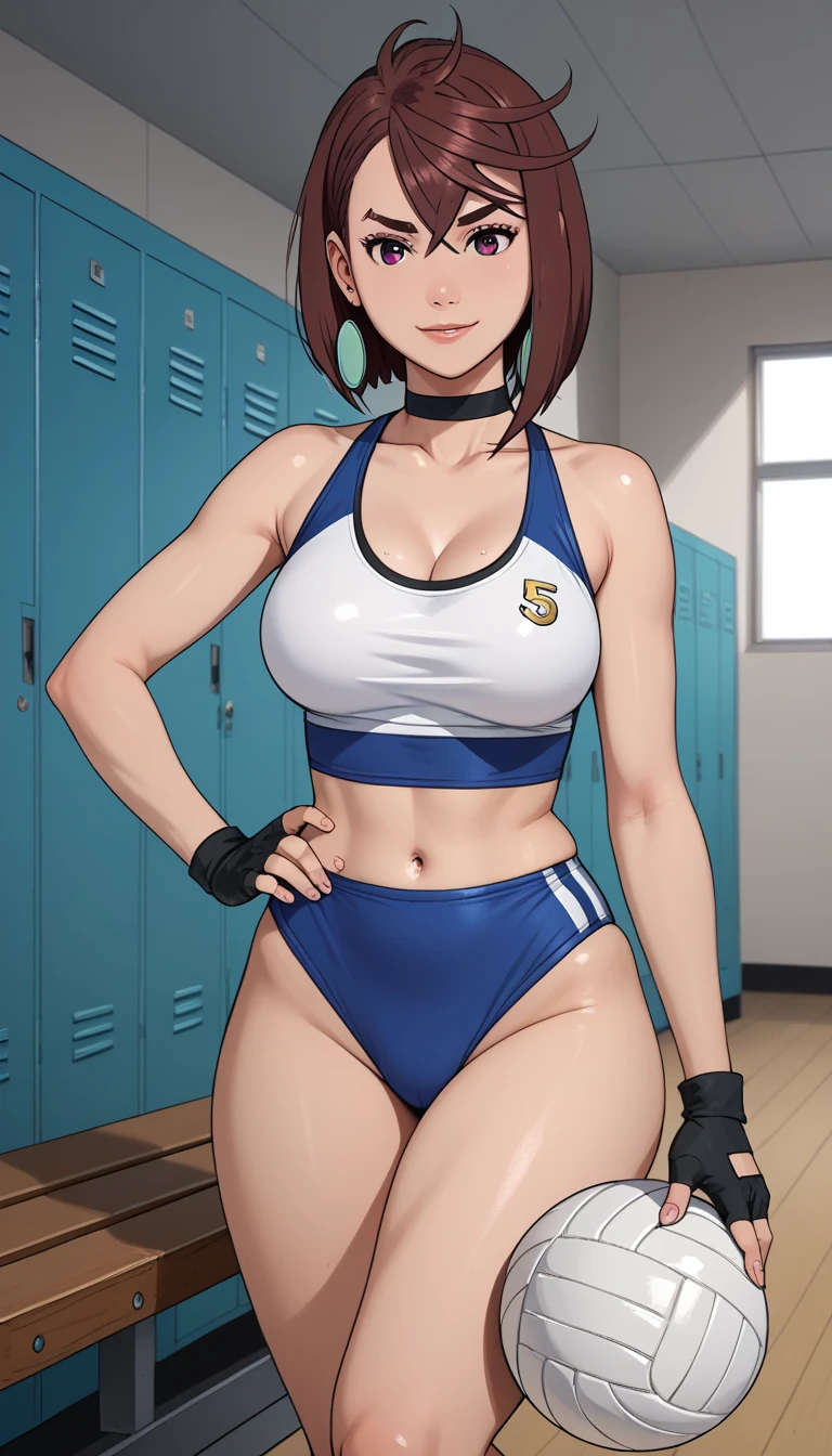   Momo Ayase,  wearing a very short and tight yellow and blue swimsuit,  fingerless gloves ,  short brown hair  ,  (hold a volleyball   )  thick red thighs and smiley    ,    prominent  ,   arched eyebrows   , full breasts,     Thick legs     ,    Look at the observer  ,    rest one leg on the locker room bench    ,
