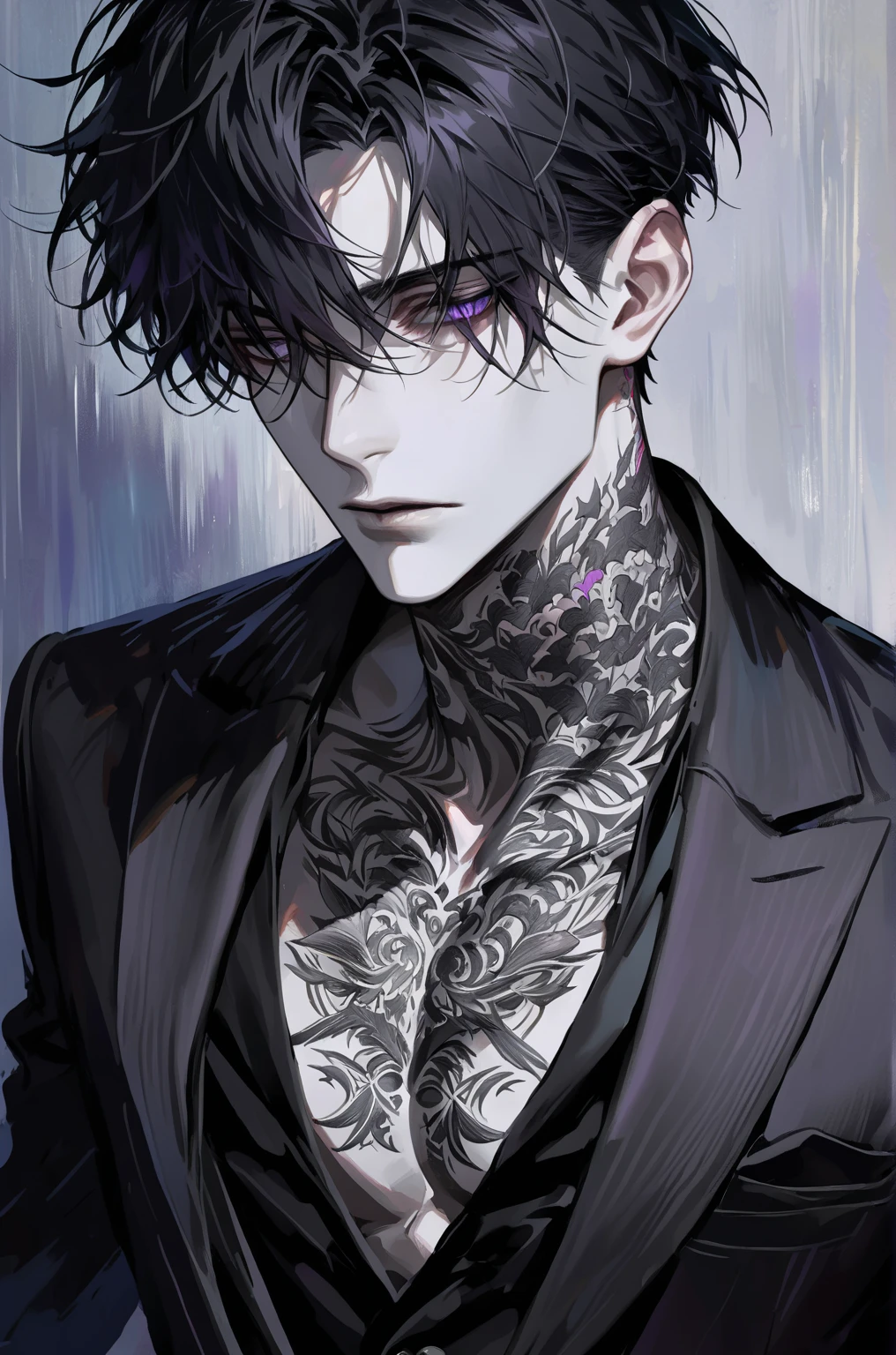 impasto, short hair, masterpiece, best quality, 1 man , black hair , perfect face , purple eye , handsome male , Alone, pale skin , adult male , upper body , delicate line drawing, Extremely detailed, black suit, tattoo on the neck,