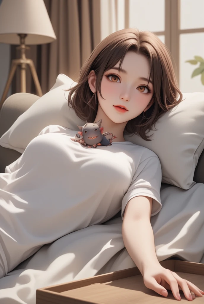 A woman dozing off on the sofa, a cute little demon sitting on her chest and waving with a smile, cute dream-like illustration art, ultra detailed, absolutely resolution, masterpiece