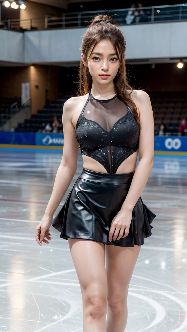 (8k, best quality:1.3), (extremely detailed:1.2), perfect anatomy, beautiful Japanese woman, 18 years old, healthy thighs, beautiful legs, beautiful skin, random hair color, random hairstyle, large breasts, (she is standing:1.2), female figure skater, figure skating outfit, (miniskirt:1.3), full body shot, skate shoes, skating rink, Kyoko Fukada