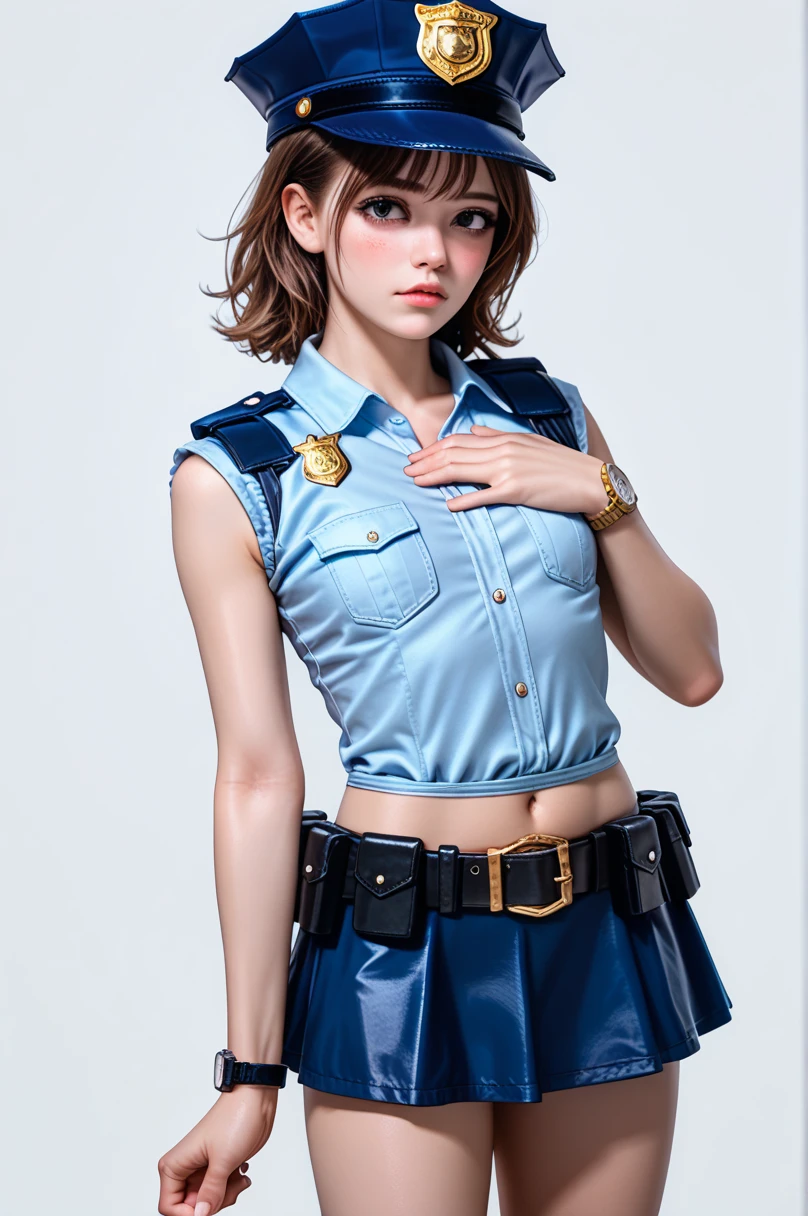  One girl ,Achika Lisa,( viewers:1.0),( slender body:1.2),(Blushed face:1.0),real skin ,small breasts,  shiny hair ,  Super Detailed Black Eyes,( Equipped Police Belt :1.5),( watch ),( frontal shot:1.2),24K,(Standing in a sexy pose:1.2),( Sexy Expression:1.2),( ecstasy face crossing a man:1.2),(mini length police skirt:1.2),(rolled up sleeveless police shirt ),Captivating thighs,( unmanned white background in the center of the screen:1.5),(Naturally :1.0),(( real:1.0)),(( realistic :1.0)),((One hand on chest:1.5)),(( cowboy shot:1.5))