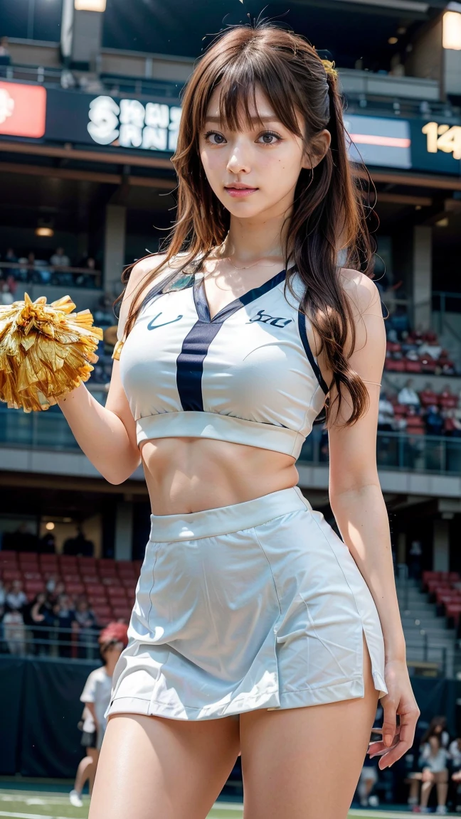 A beautiful young Japanese woman, 20 years old, with perfect anatomy, healthy thighs, beautiful feet, flawless skin, random hair color and style, large bust, (she is standing:1.2), wearing a cheerleader uniform with micro-pleated miniskirt, in a full body shot, standing in a stadium, (best quality,4k,8k, highres, masterpiece:1.3), (extremely detailed:1.2), Kyoko Fukada