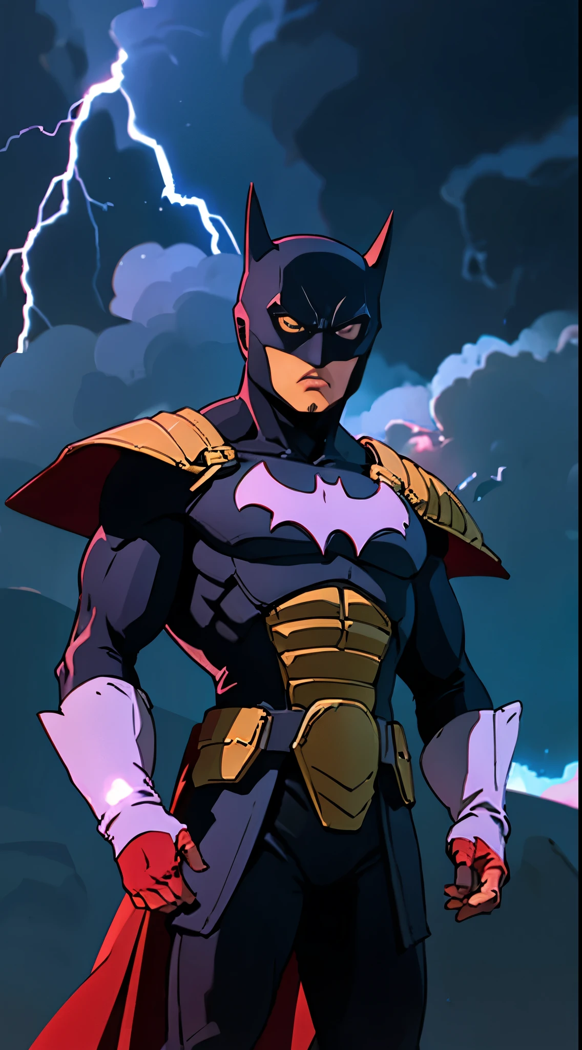 Batman wearing a black Saiyan themed armor, dark themed background, lightning,