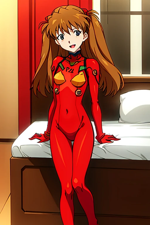 (( top quality )), ((masterpiece)), (be familiar with),  perfect face, indoor, bedroom,  Watching Viewers ,
One woman,  Soryu Asuka Langley,
 open mouth,  ecstatic expression beside the piano, blush, smile,
 small tits,  flat chest, Young girl, Lori,  s,  girl,
 long hair,  twin tails,
Leg spread,