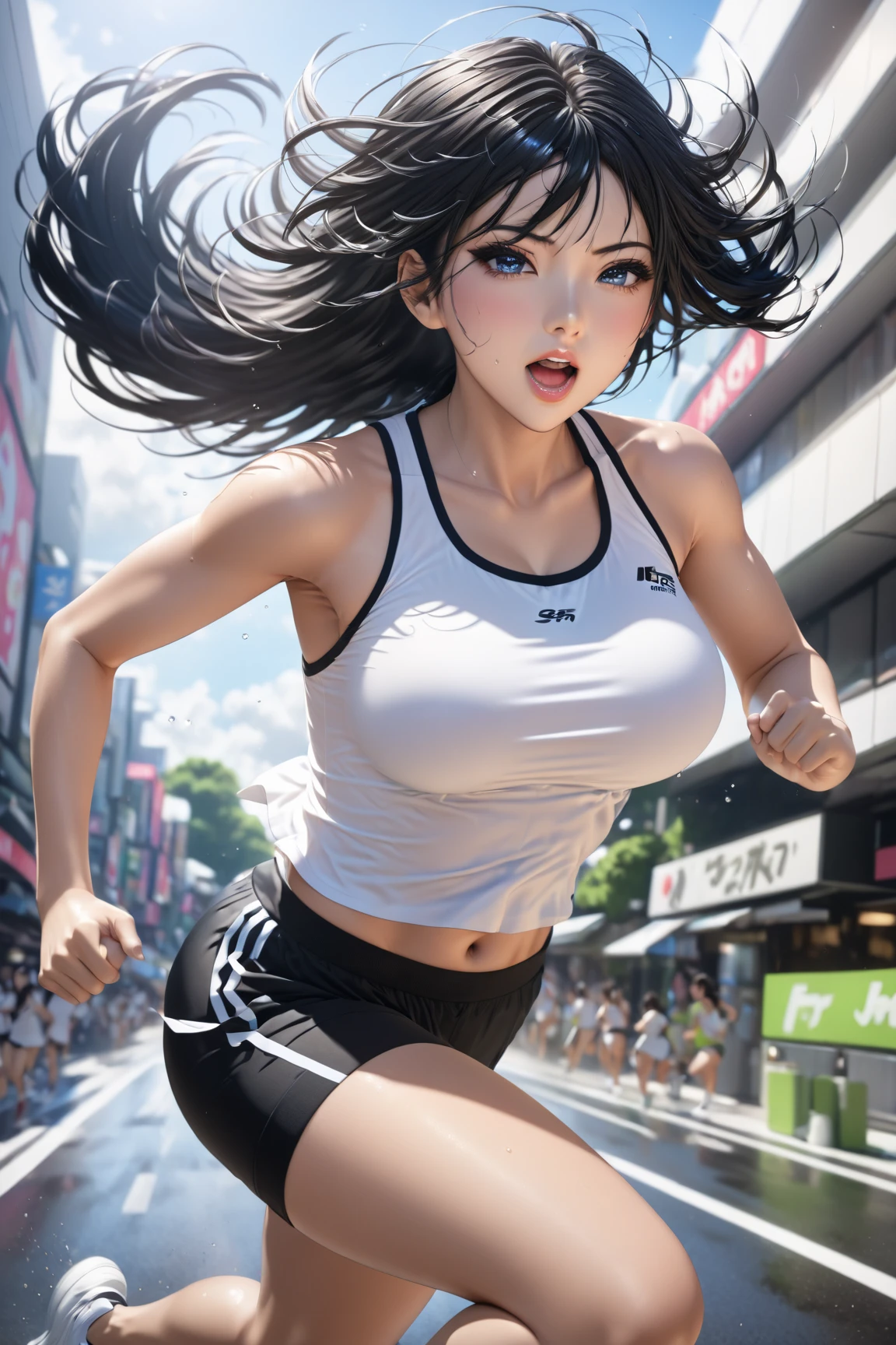 (masterpiece, best quality, photorealistic, cinematic), 1 girl, (Japanese girl), (wide shot, from the front), (bursting breasts, large cleavage, plumpy and glossy breasts:1.2), long round legs, solo, running, Gray Track Top, pink shorts, ponytail, athletic build, dynamic brushstrokes, fluid movement, capturing the essence of her athleticism and energy, using light colors and soft tones to create a dreamy and ethereal atmosphere, portraying the motion and grace of running, showing the wind blowing her gold ponytail and clothes, and the scenery of her surroundings. outdoors, detailed background, Modern metropolis,