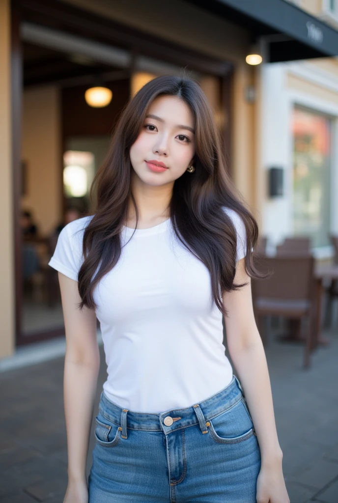1 Girl,Dining room,Soft Light,Chinese Beauty,Tight Fit,Short-sleeved shirt,Dark-haired,long hair