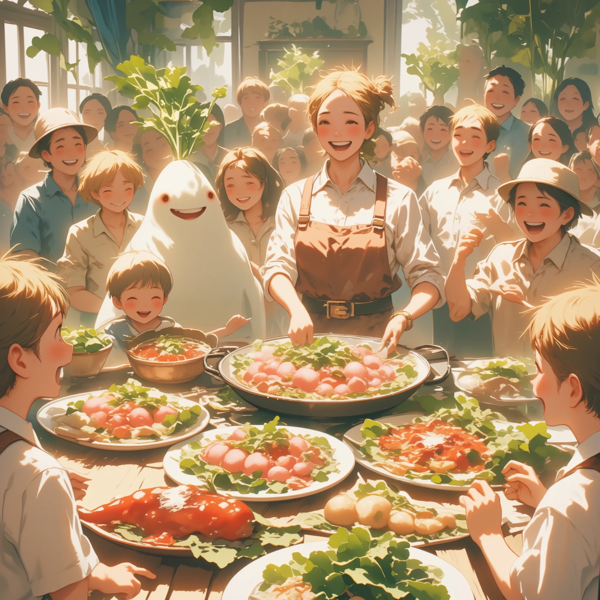 A promotional poster style poster highlighting the deliciousness of radishes、A woman is cooking radish dishes、A table is lined with dishes made with radishes、A lavish radish cooking party、Lots and lots、ren watching the cooking、A radish ghost is also peeking at the cooking、A party full of smiles all around the table、An old-fashioned living room。