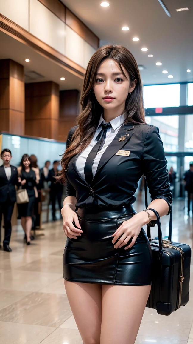 A beautiful, 24-year-old Japanese woman with perfect anatomy, healthy thighs, beautiful legs, beautiful skin, random hair color and style, large breasts, (wearing a flight attendant uniform with a mini-skirt:1.3), (she is standing:1.2), full body shot, pumps, carrying a suitcase, at the airport, (best quality,4k,8k,highres,masterpiece:1.3),(extremely detailed:1.2),realistic,photorealistic,photo-realistic:1.37,professional,vivid colors, studio lighting, Kyoko Fukada