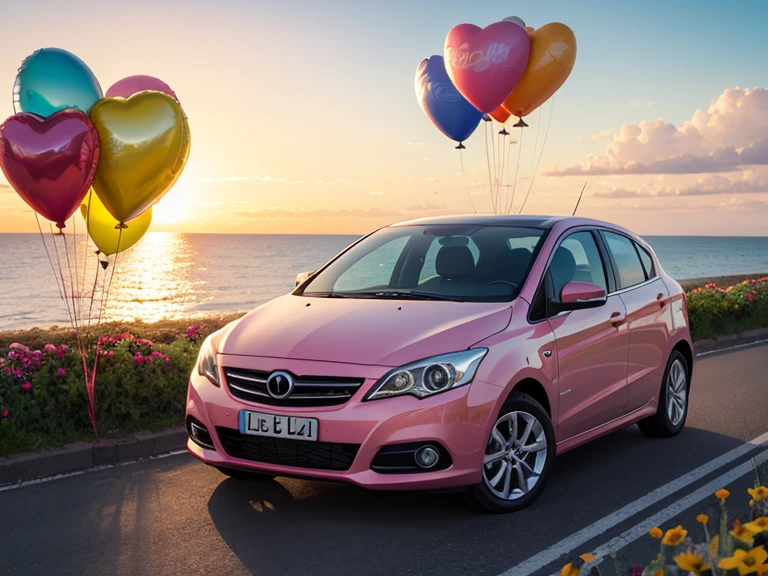 A romantic fantasy-style painting featuring a cute pink car on a seaside road during sunset. The car is decorated with numerous colorful heart-shaped balloons tied to it. The roadside is adorned with vibrant flowers of various types and colors, creating a lively and cheerful scene. The sky is painted in soft pink and blue hues with golden sunlight reflecting on the ocean, evoking warmth and happiness.