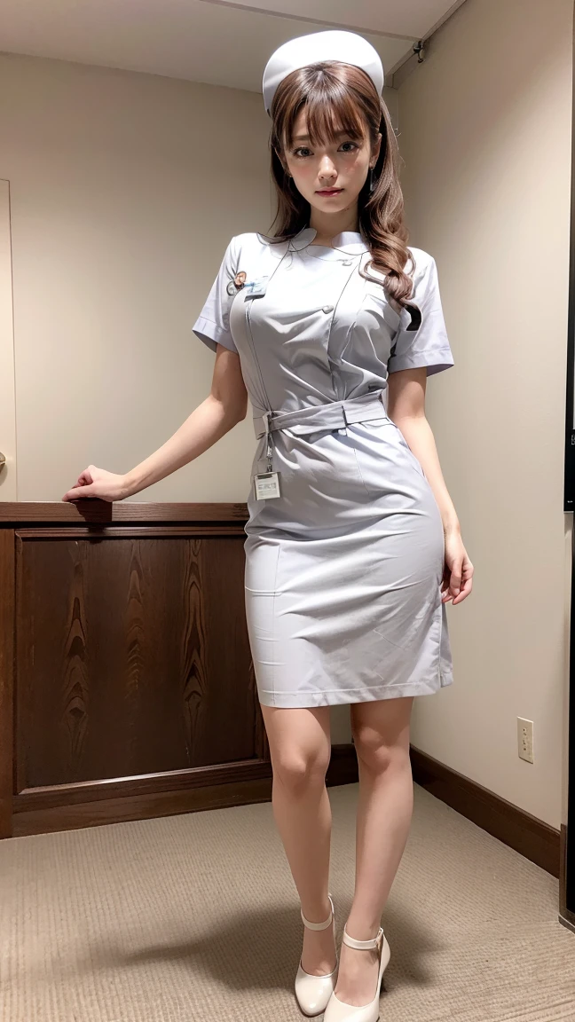 a beautiful young 24-year-old Japanese woman, beautiful, detailed anatomy, beautiful skin, random hair color and hairstyle, big breasts, nurse hat, (nurse uniform:1.3), nurse cap, (she is standing:1.2), full body shot, high heels, hospital, (best quality,8k, masterpiece:1.3), (extremely detailed:1.2), Kyoko Fukada