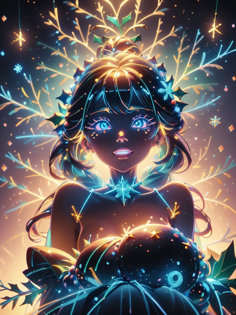 1girl,Chibi、 best smile 、 best details、cute、 Christmas wreath 、 Neon Color Gradation Hair Color、White and Black Santa Claus Dress 、 snowman、 Snowflakes、 fantasy、 absurd、 neon lights enhance cuteness、世界一cute絵、 Christmas Lights 、 Proximity Method、 view from below、