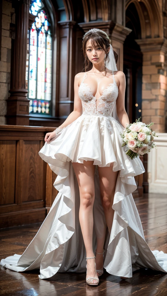 A beautiful young Japanese woman, 26 years old, with healthy thighs, beautiful legs, flawless skin, random hair color and style, large breasts, wearing a (wedding dress:1.3), (she is standing:1.2), full body shot, high heels, holding a bouquet in her hands, in a church setting, (best quality,8k, masterpiece:1.3), (extremely detailed:1.2), perfect anatomy, Kyoko Fukada