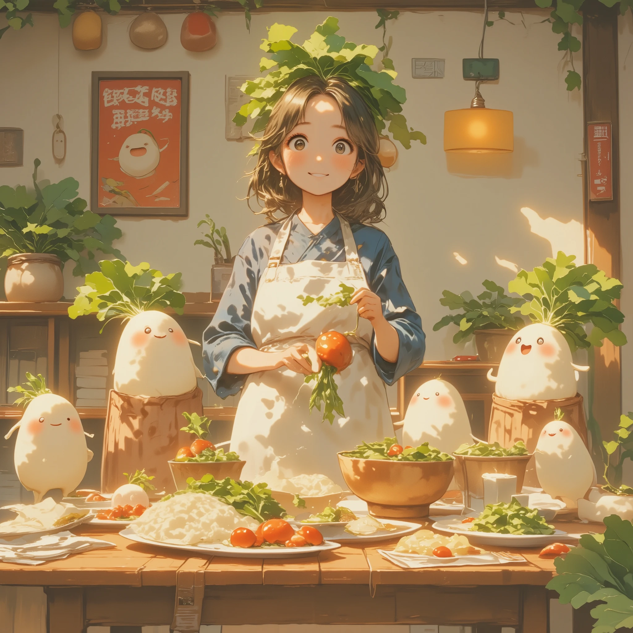 a woman in a cozy traditional living room cooking with various radish dishes on a table, surrounded by happy ren and a radish mascot, highly detailed, vibrant colors, warm lighting, photorealistic, food art, still life, culinary, radish propaganda poster, high quality, masterpiece