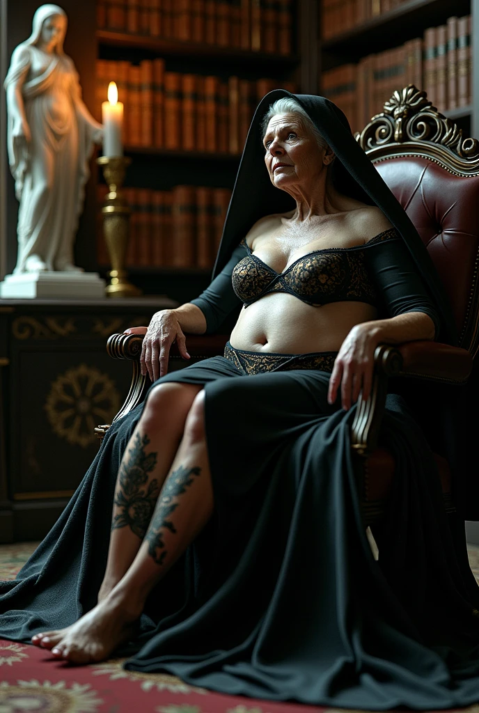 elderly 80yo woman sitting on an old table in a library, dressed as a latex nun , black white red latex bikiny, marble statue, dark octane render, candle lamp lighting, baroque, european, mandala, side view from below, anatomically correct, big full breasts, look at horny,spread legs wide, muscle body, super detailed.